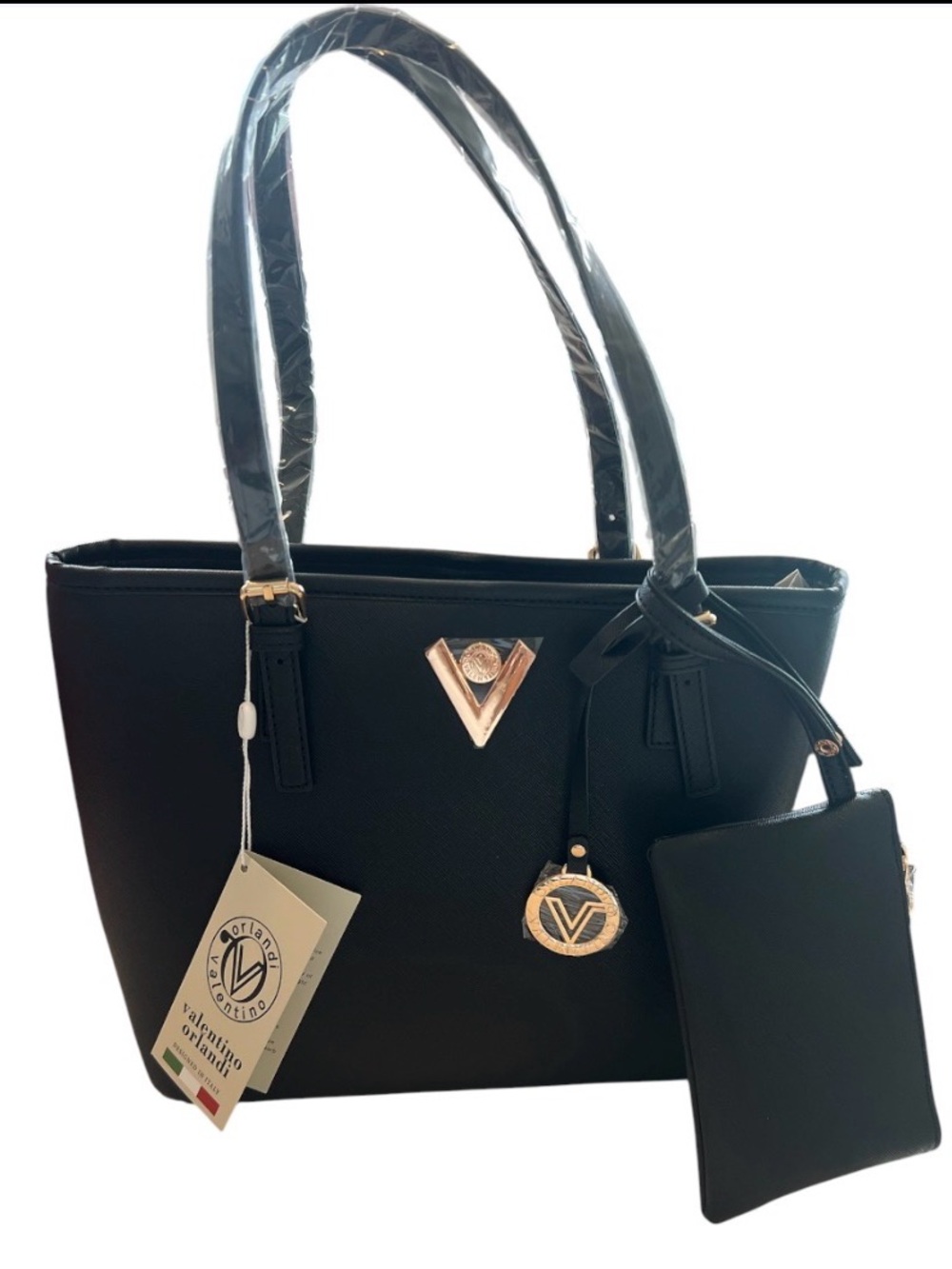 Valentino Orlandi Black Tote w/ Gold Accents Removable Pouch NWT